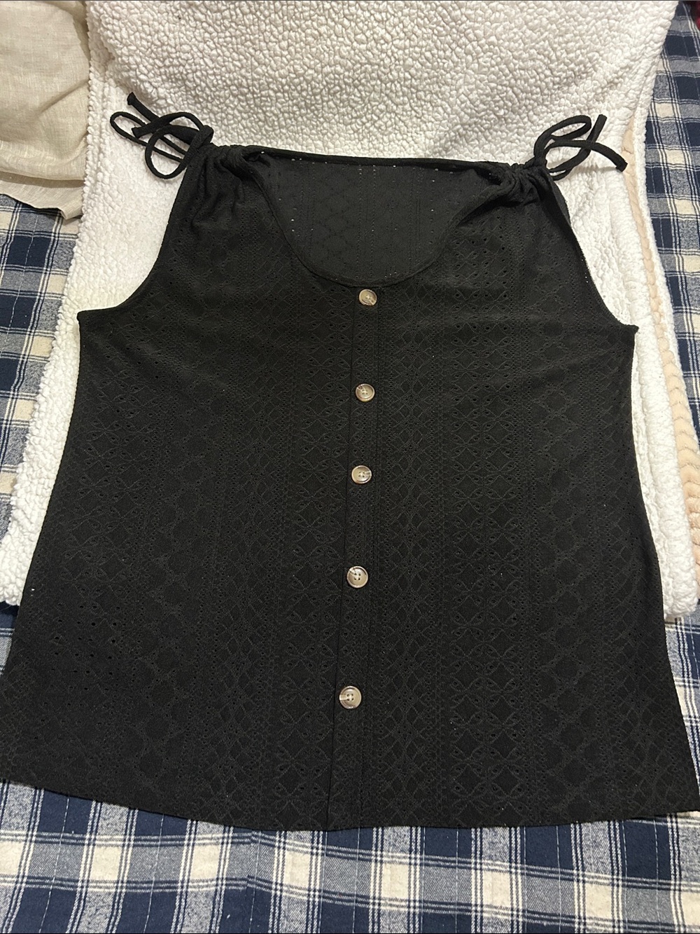 Women's Black Tie-Shoulder Button Front detail Tank Top